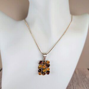 Unique Sterling Silver Pendant Necklace With Multicolor Baltic Amber Stones
